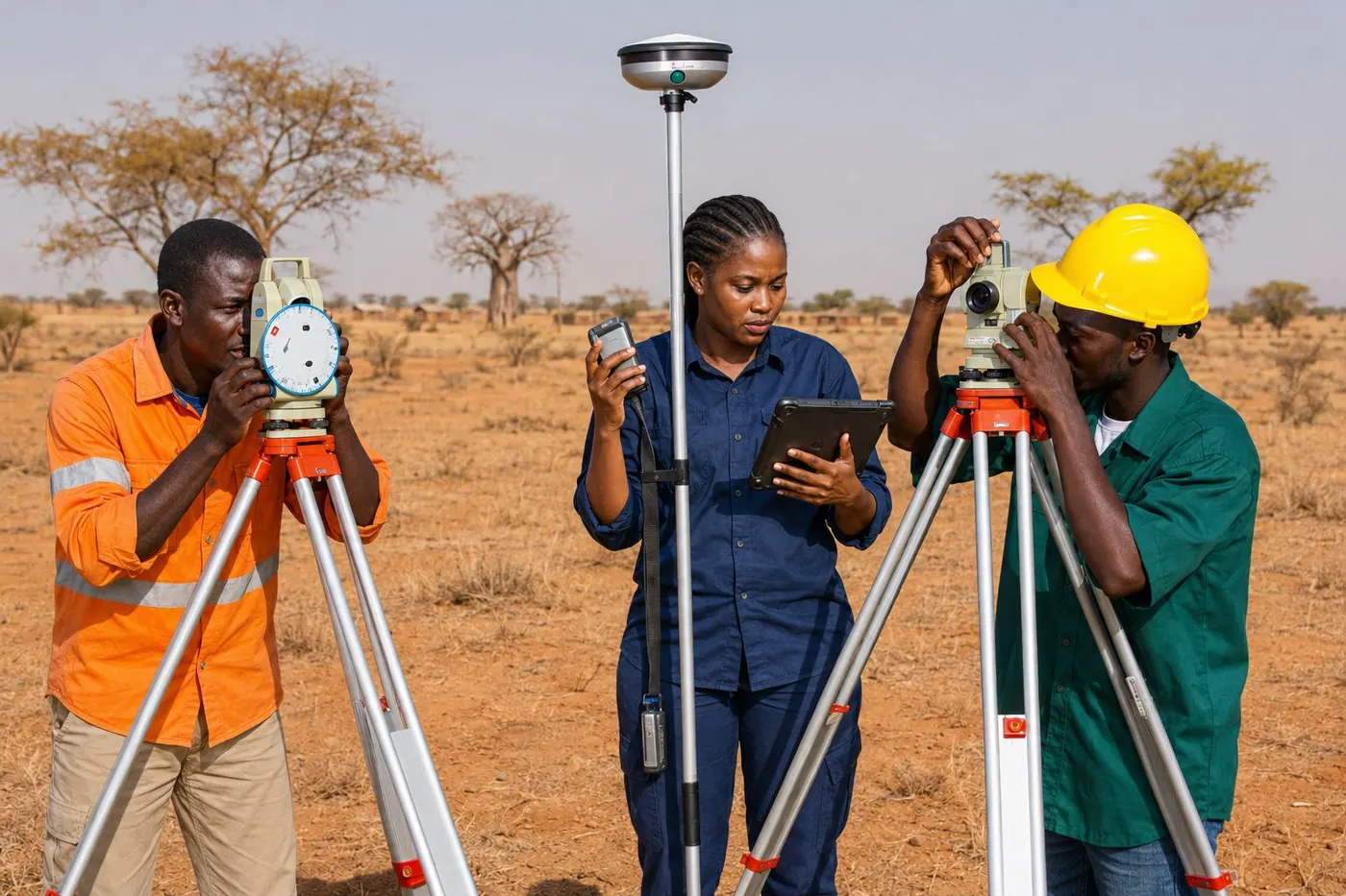 Équipe de levé au théodolite et au GPS différentiel, en brousse